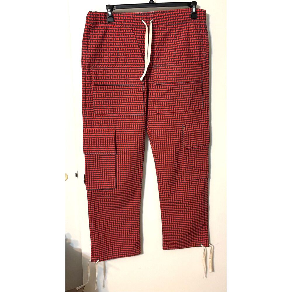 KROST Red Black Geometric Print Cargo Pants Drawstring Unisex Est Size L-XL